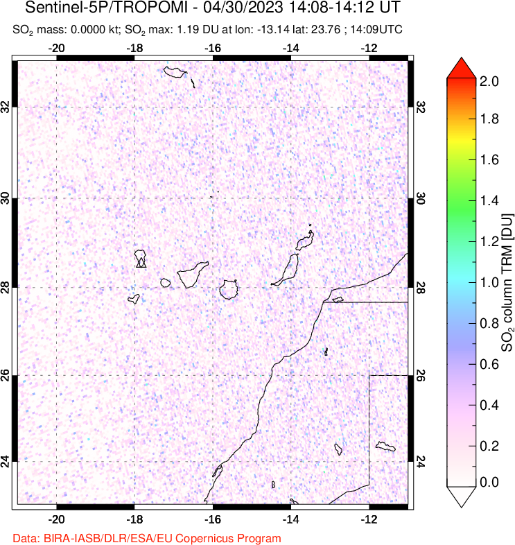 A sulfur dioxide image over Canary Islands on Apr 30, 2023.