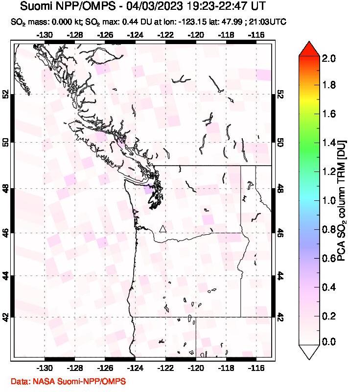 A sulfur dioxide image over Cascade Range, USA on Apr 03, 2023.