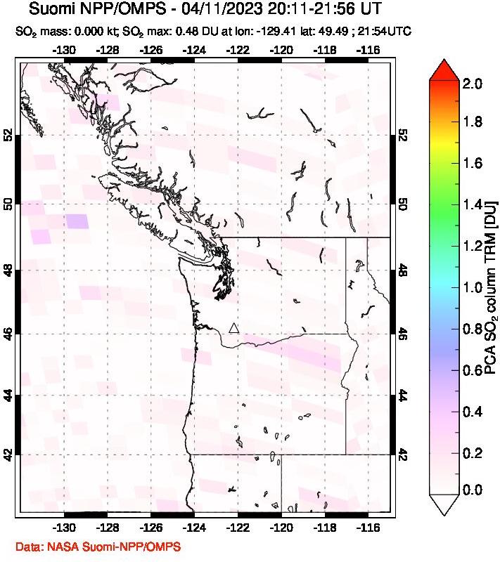 A sulfur dioxide image over Cascade Range, USA on Apr 11, 2023.
