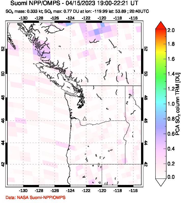 A sulfur dioxide image over Cascade Range, USA on Apr 15, 2023.