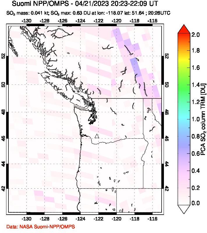 A sulfur dioxide image over Cascade Range, USA on Apr 21, 2023.