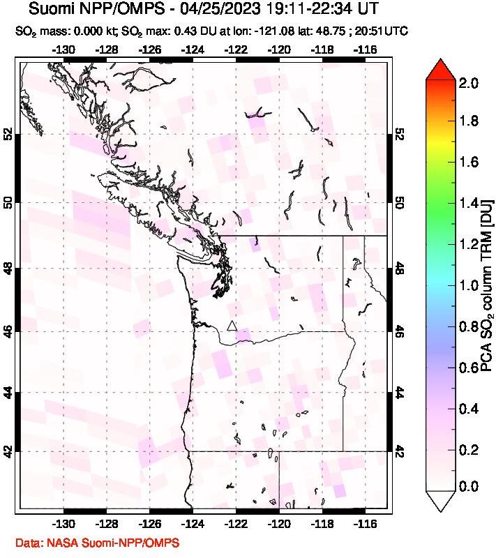 A sulfur dioxide image over Cascade Range, USA on Apr 25, 2023.
