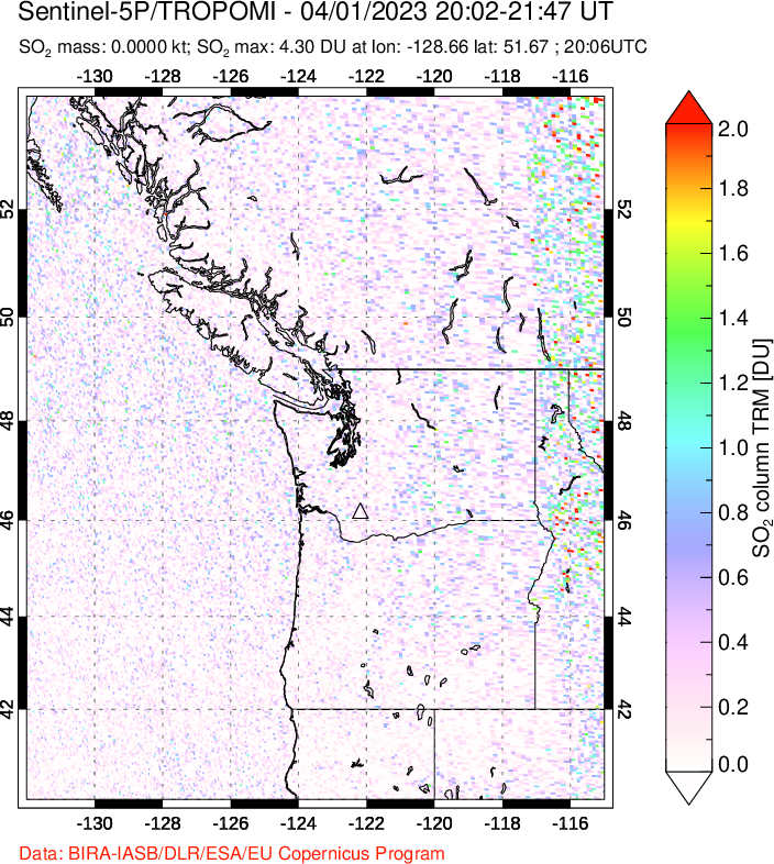 A sulfur dioxide image over Cascade Range, USA on Apr 01, 2023.