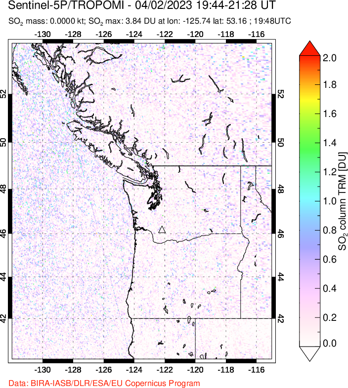 A sulfur dioxide image over Cascade Range, USA on Apr 02, 2023.