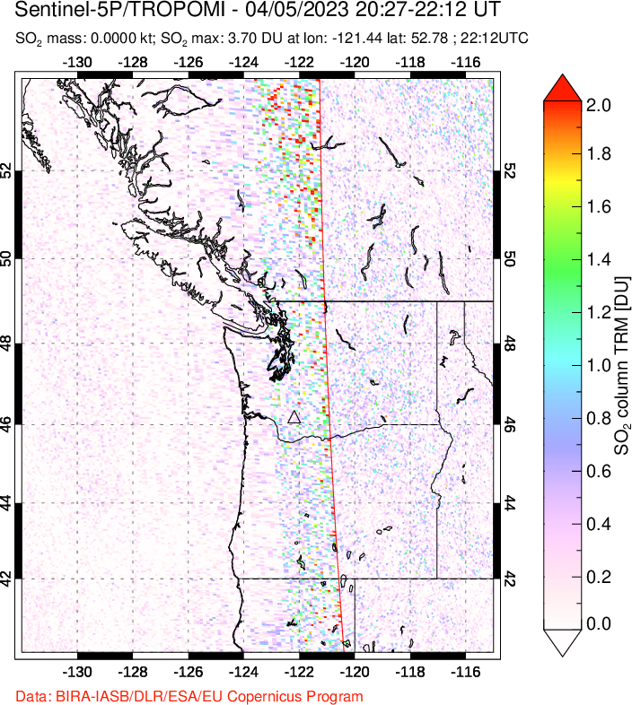 A sulfur dioxide image over Cascade Range, USA on Apr 05, 2023.