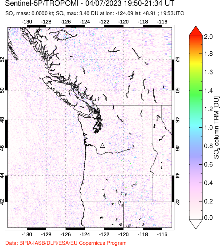 A sulfur dioxide image over Cascade Range, USA on Apr 07, 2023.