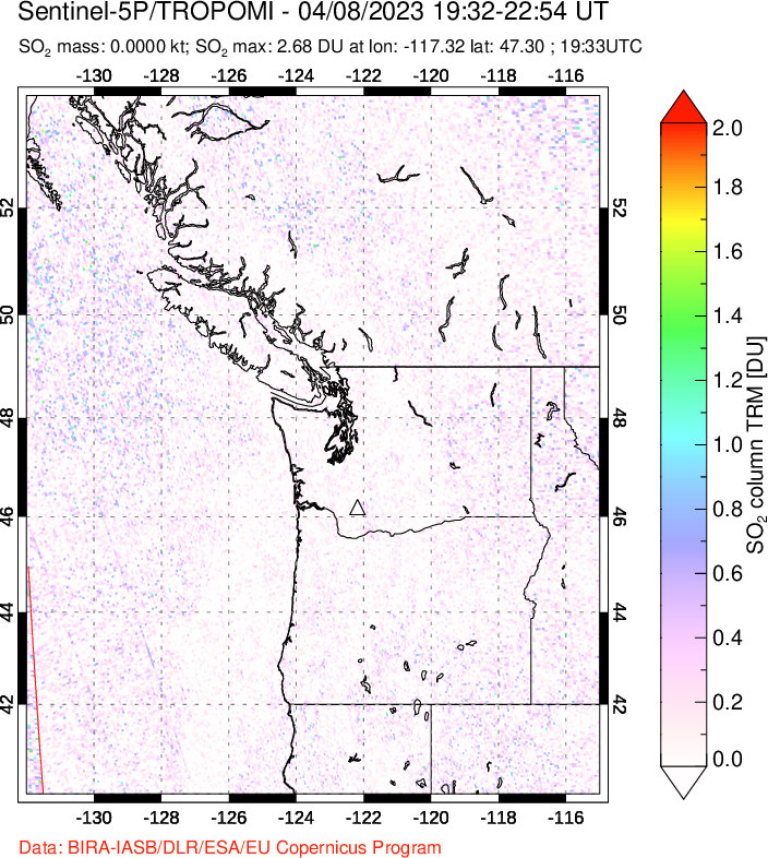 A sulfur dioxide image over Cascade Range, USA on Apr 08, 2023.