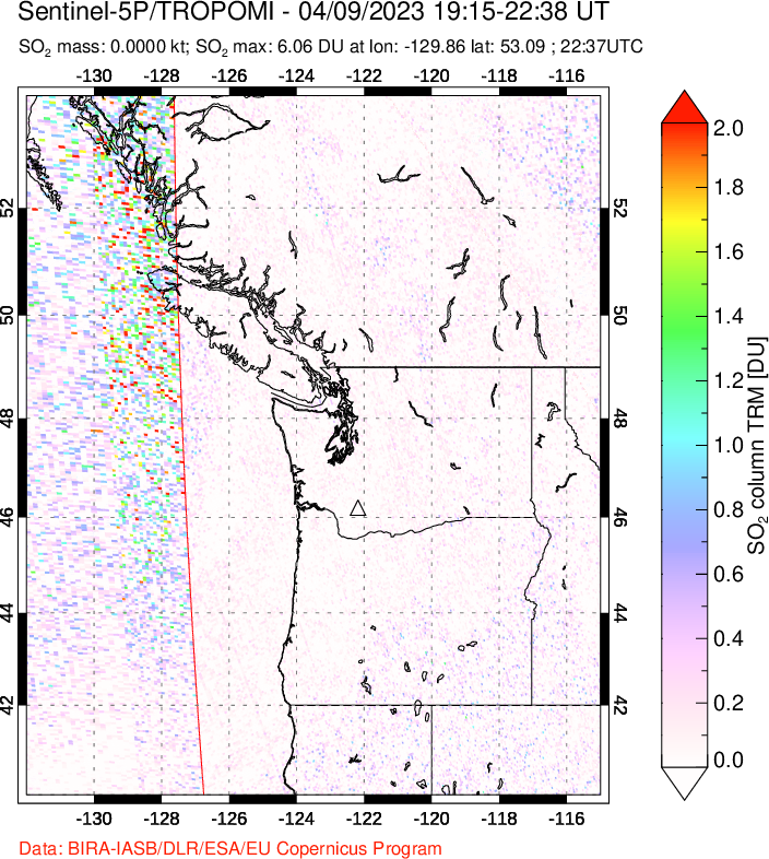 A sulfur dioxide image over Cascade Range, USA on Apr 09, 2023.
