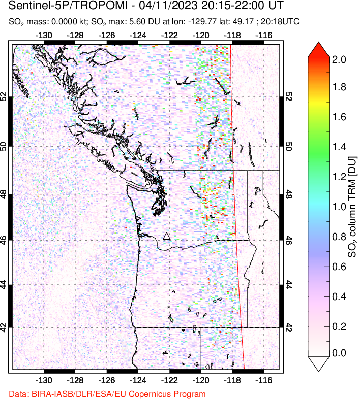 A sulfur dioxide image over Cascade Range, USA on Apr 11, 2023.