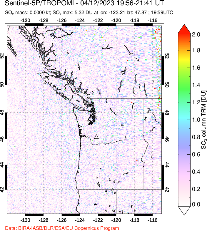 A sulfur dioxide image over Cascade Range, USA on Apr 12, 2023.