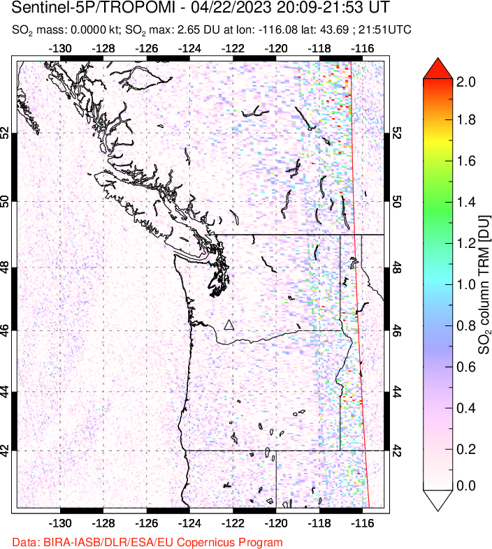 A sulfur dioxide image over Cascade Range, USA on Apr 22, 2023.