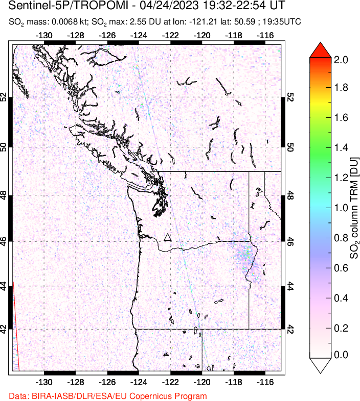 A sulfur dioxide image over Cascade Range, USA on Apr 24, 2023.