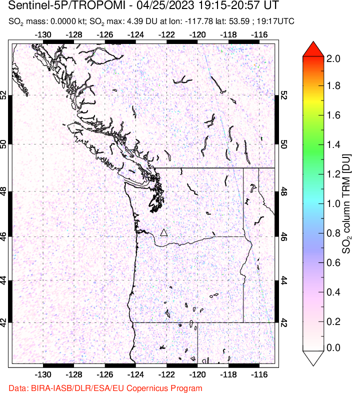 A sulfur dioxide image over Cascade Range, USA on Apr 25, 2023.