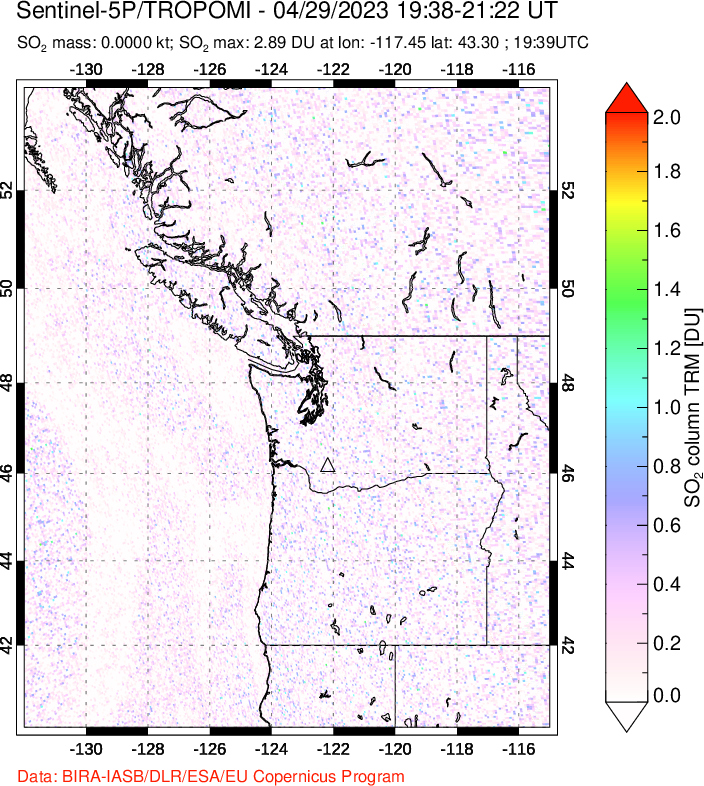 A sulfur dioxide image over Cascade Range, USA on Apr 29, 2023.