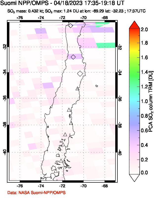 A sulfur dioxide image over Central Chile on Apr 18, 2023.