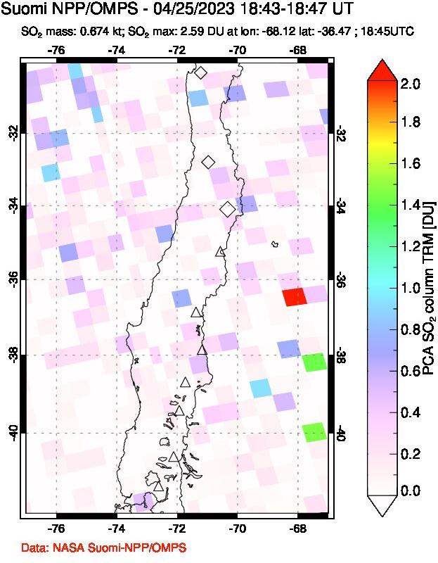 A sulfur dioxide image over Central Chile on Apr 25, 2023.