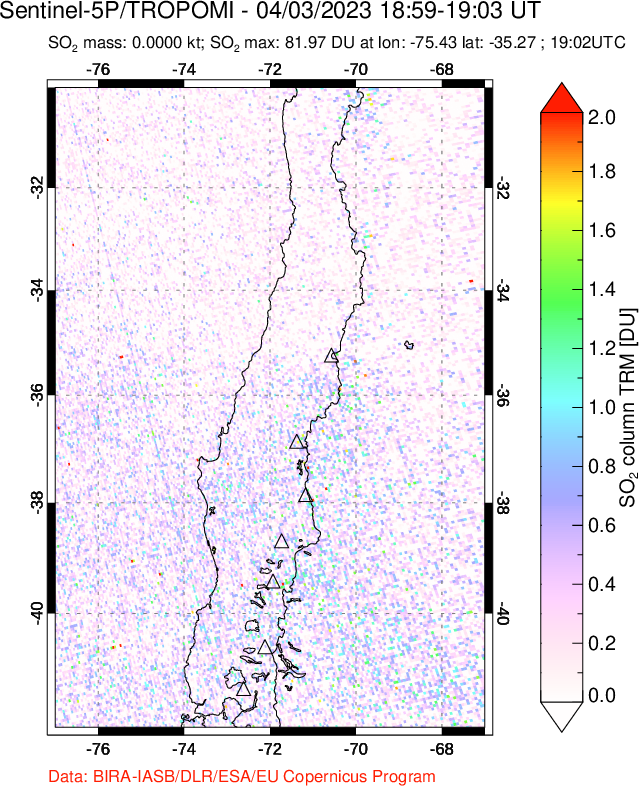 A sulfur dioxide image over Central Chile on Apr 03, 2023.