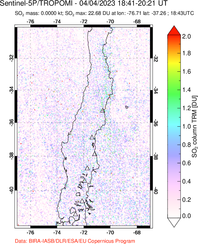 A sulfur dioxide image over Central Chile on Apr 04, 2023.