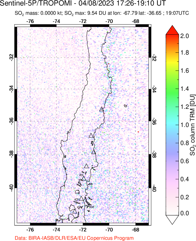 A sulfur dioxide image over Central Chile on Apr 08, 2023.