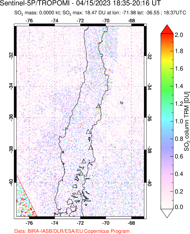 A sulfur dioxide image over Central Chile on Apr 15, 2023.