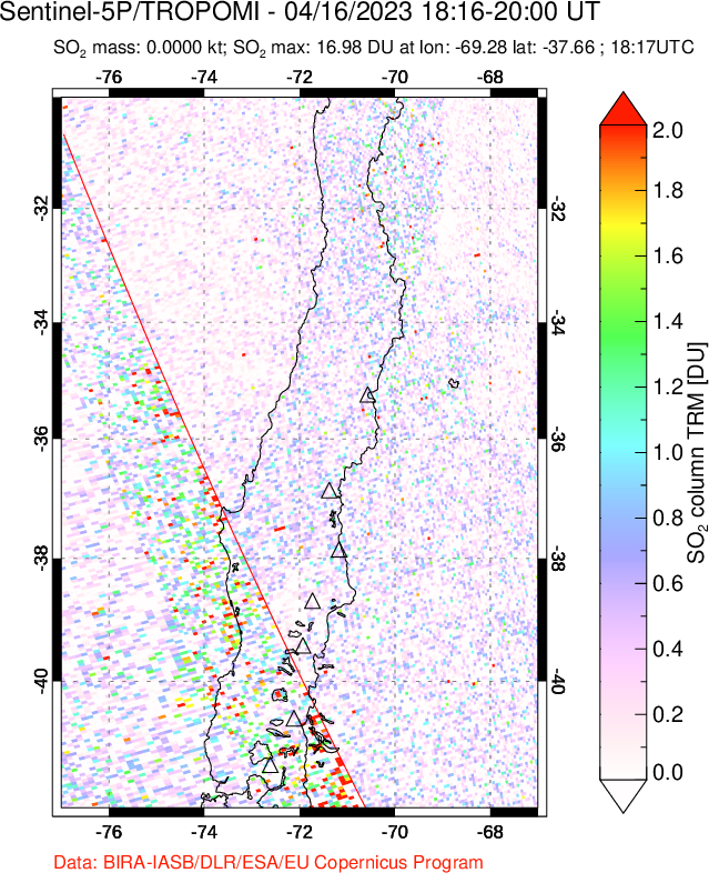 A sulfur dioxide image over Central Chile on Apr 16, 2023.