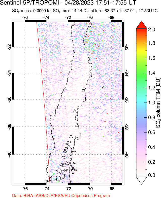 A sulfur dioxide image over Central Chile on Apr 28, 2023.
