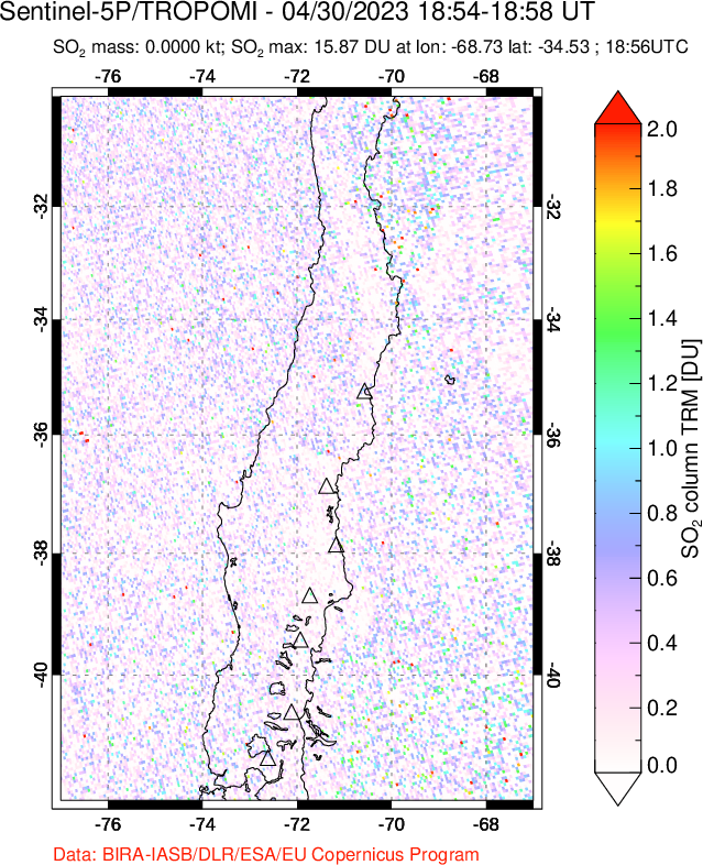 A sulfur dioxide image over Central Chile on Apr 30, 2023.