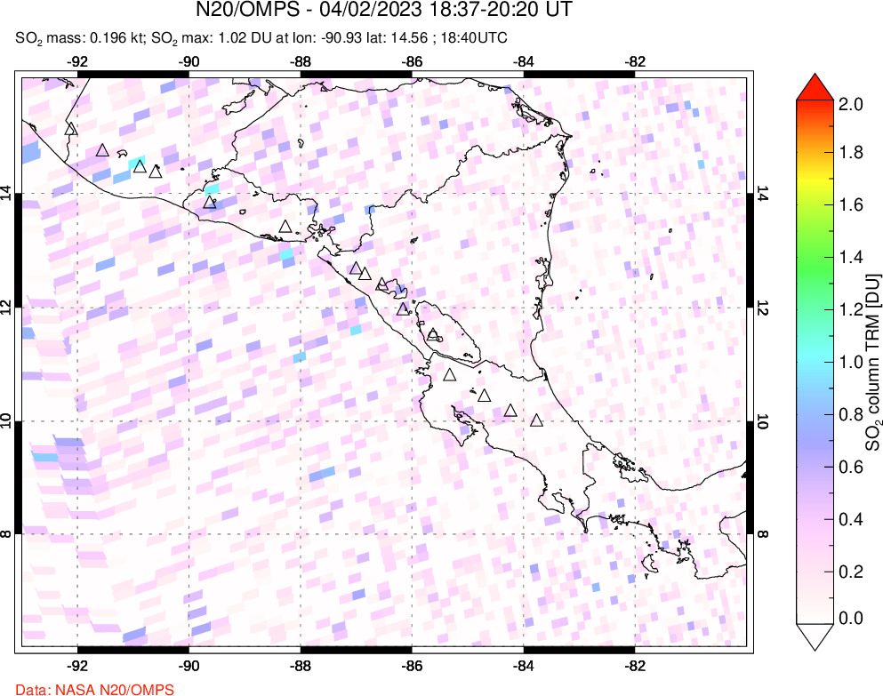 A sulfur dioxide image over Central America on Apr 02, 2023.