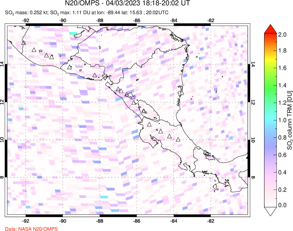 A sulfur dioxide image over Central America on Apr 03, 2023.