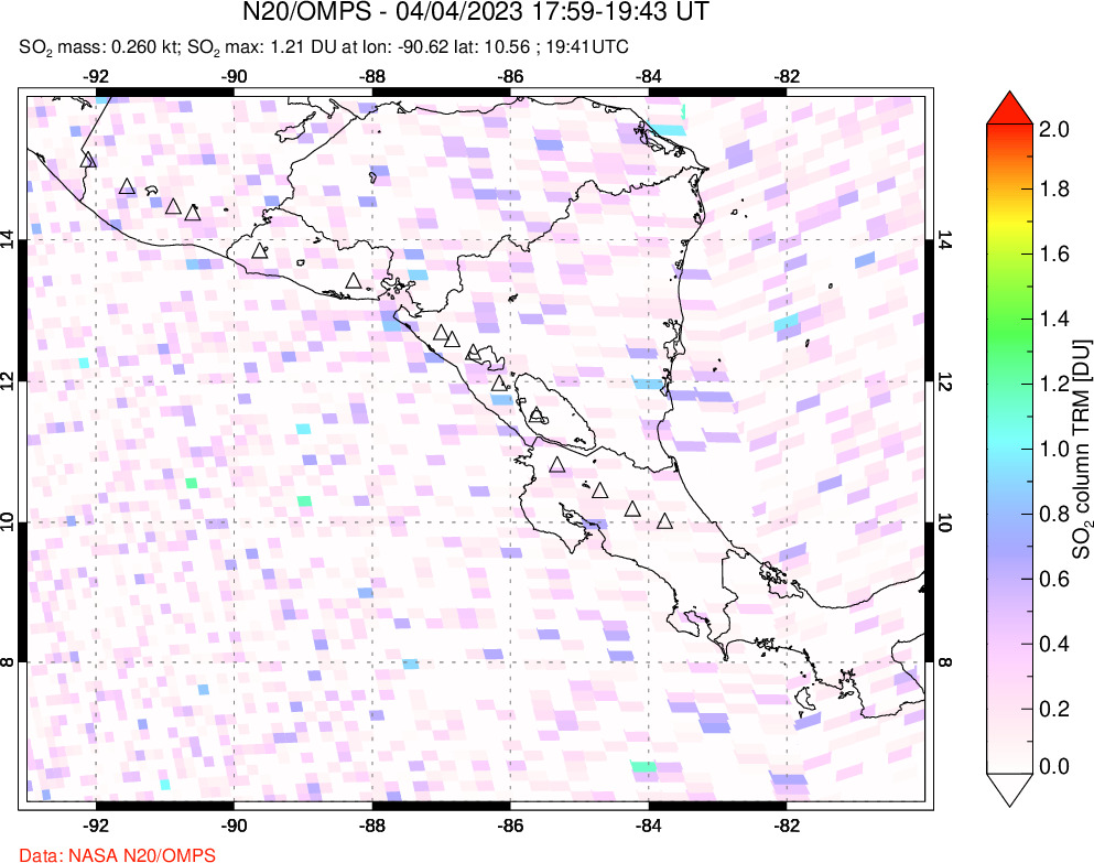 A sulfur dioxide image over Central America on Apr 04, 2023.