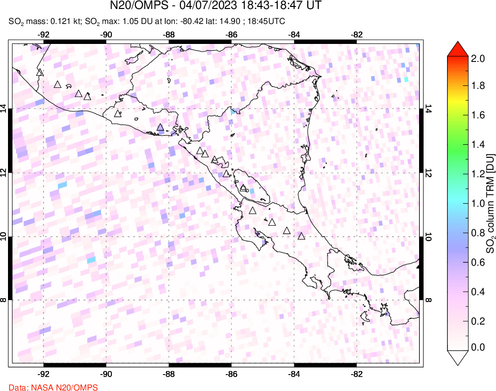 A sulfur dioxide image over Central America on Apr 07, 2023.