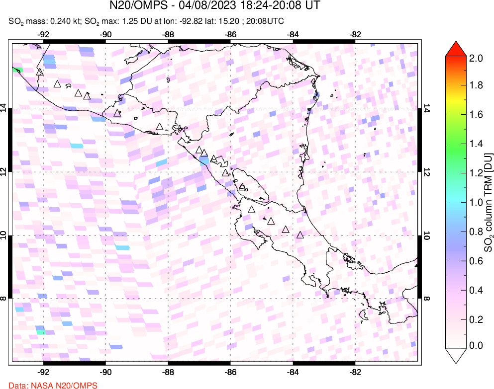 A sulfur dioxide image over Central America on Apr 08, 2023.