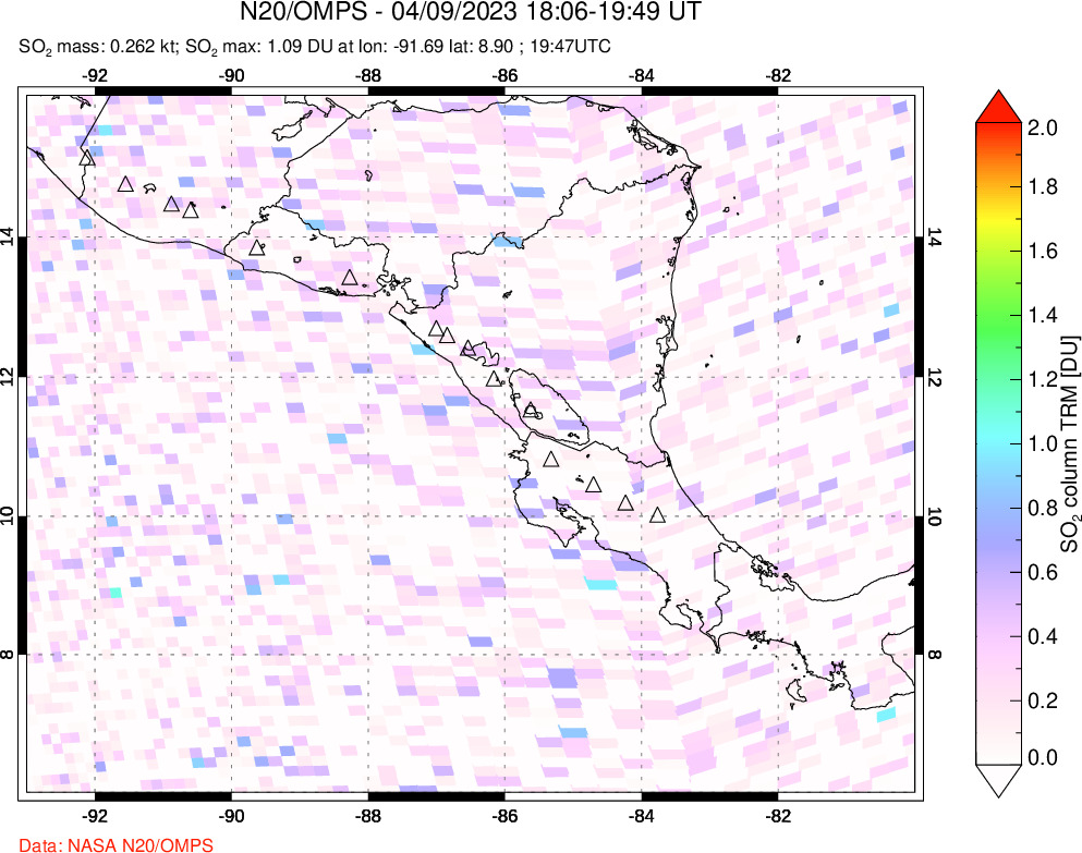 A sulfur dioxide image over Central America on Apr 09, 2023.