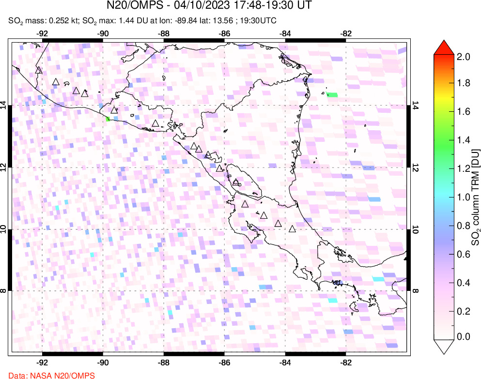 A sulfur dioxide image over Central America on Apr 10, 2023.