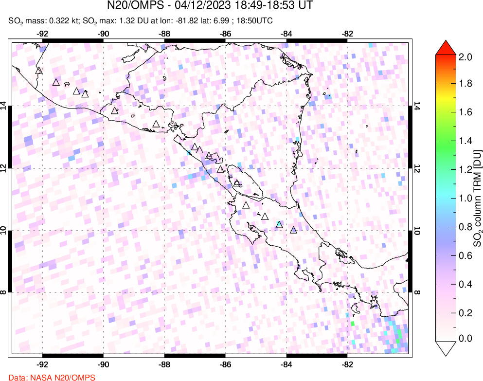 A sulfur dioxide image over Central America on Apr 12, 2023.