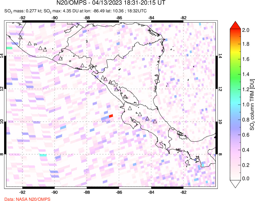 A sulfur dioxide image over Central America on Apr 13, 2023.