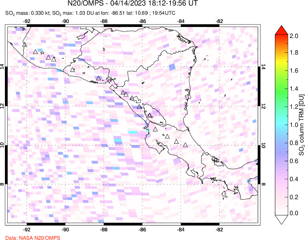 A sulfur dioxide image over Central America on Apr 14, 2023.