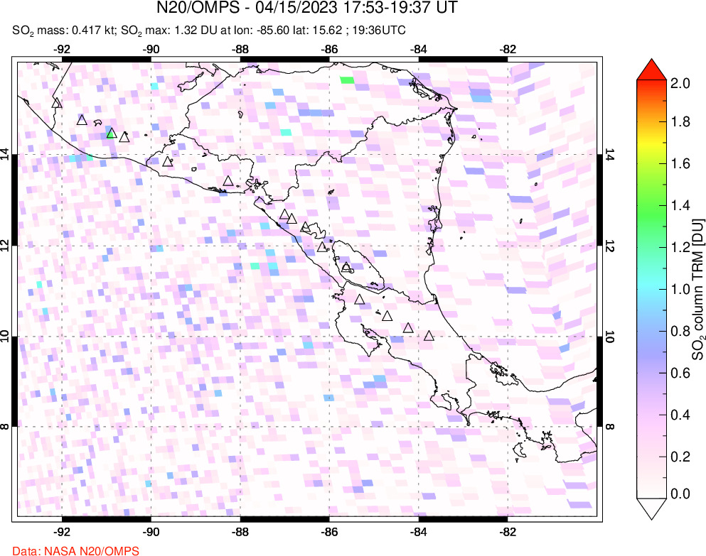 A sulfur dioxide image over Central America on Apr 15, 2023.