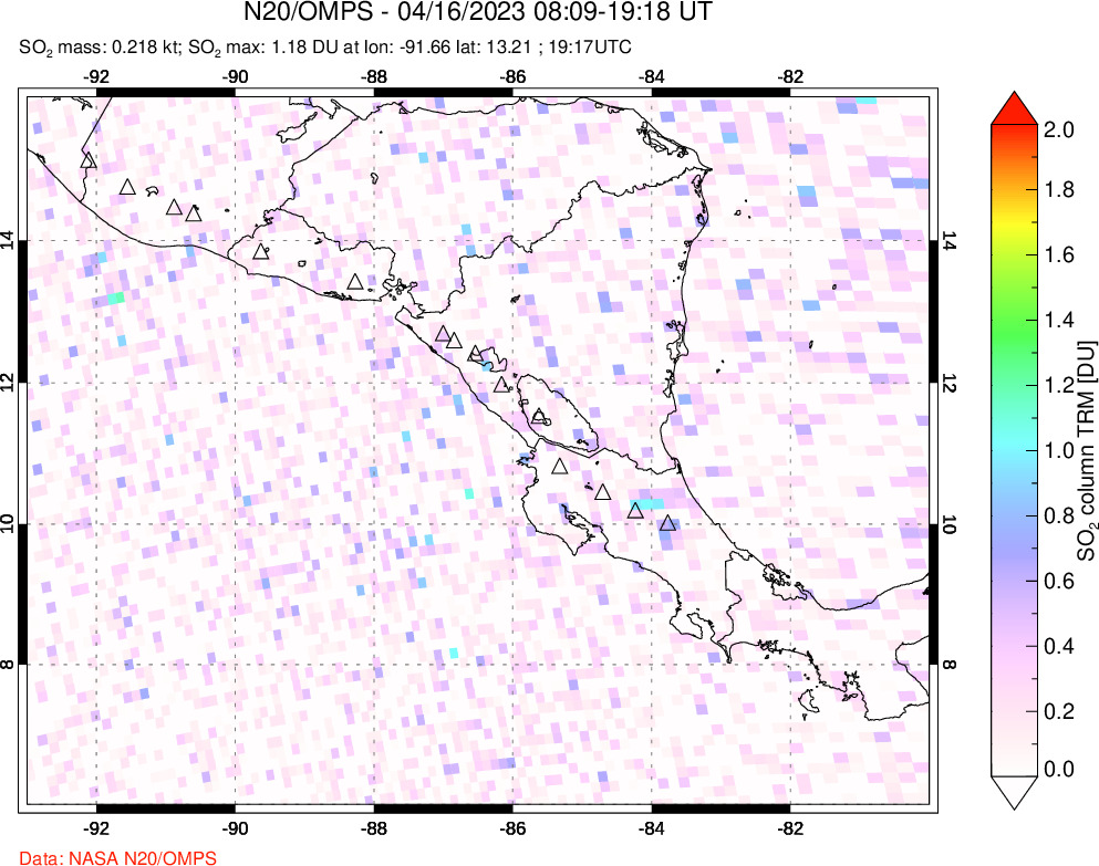 A sulfur dioxide image over Central America on Apr 16, 2023.