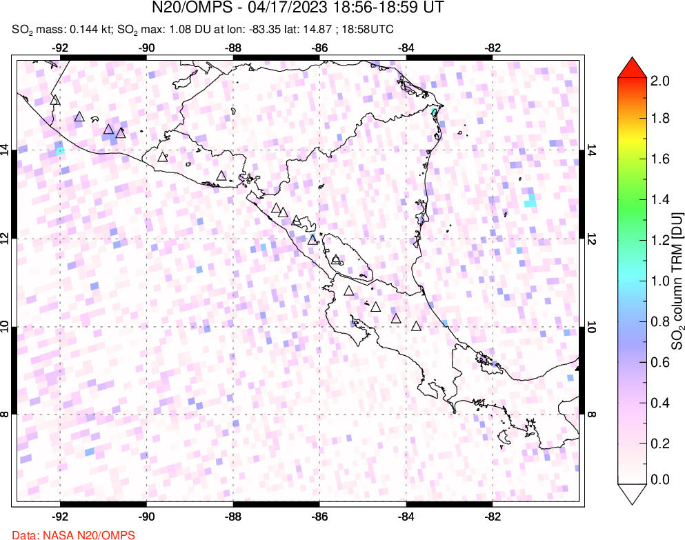 A sulfur dioxide image over Central America on Apr 17, 2023.