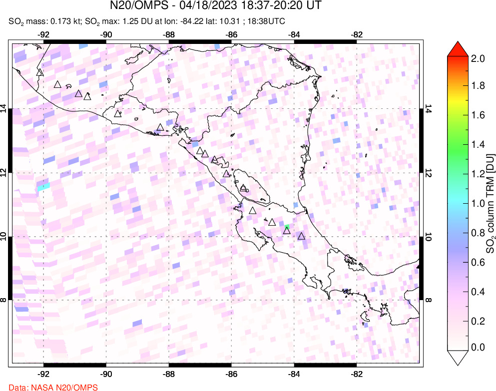 A sulfur dioxide image over Central America on Apr 18, 2023.