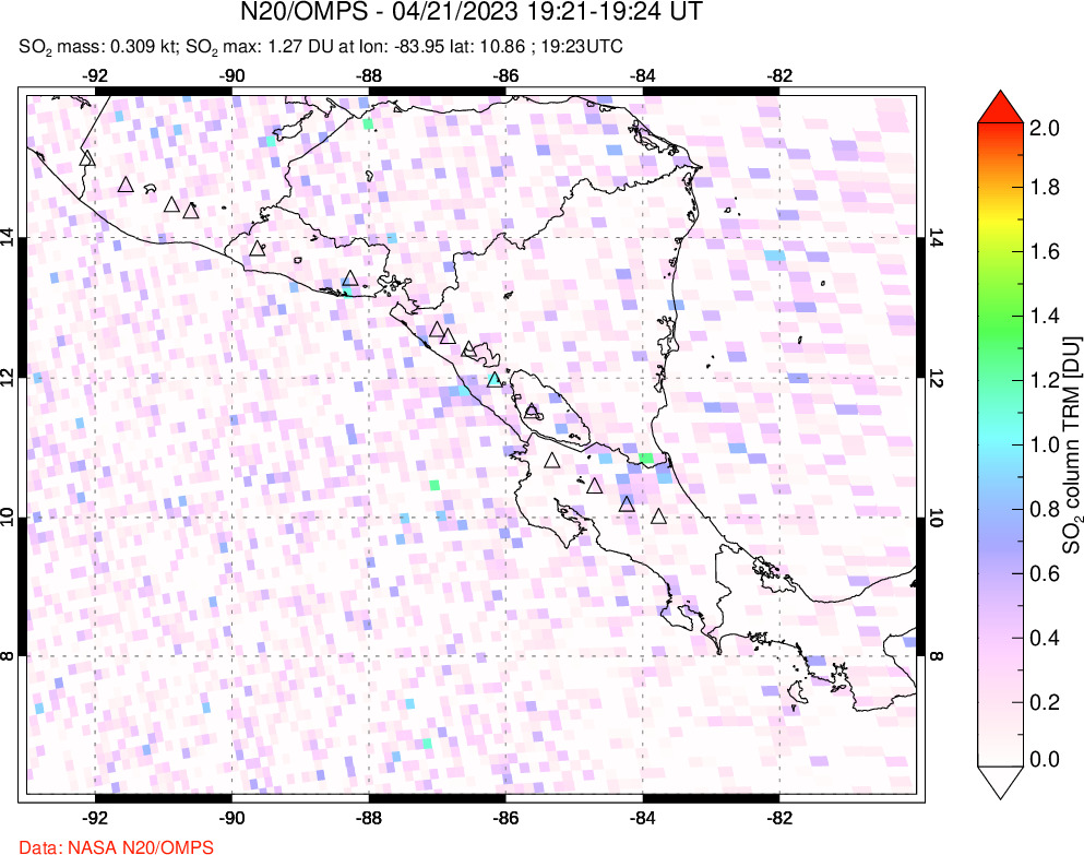 A sulfur dioxide image over Central America on Apr 21, 2023.