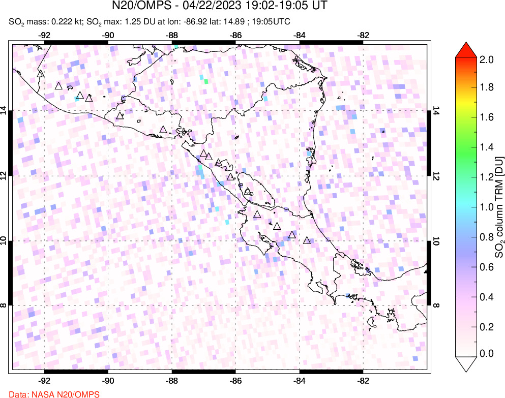 A sulfur dioxide image over Central America on Apr 22, 2023.