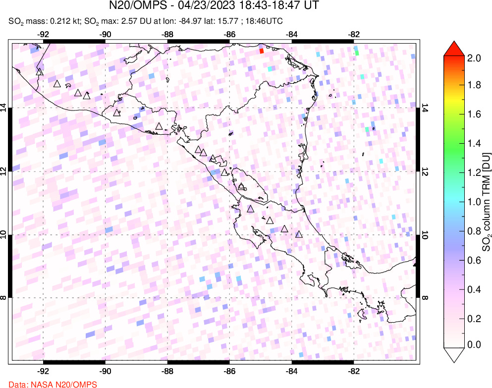 A sulfur dioxide image over Central America on Apr 23, 2023.