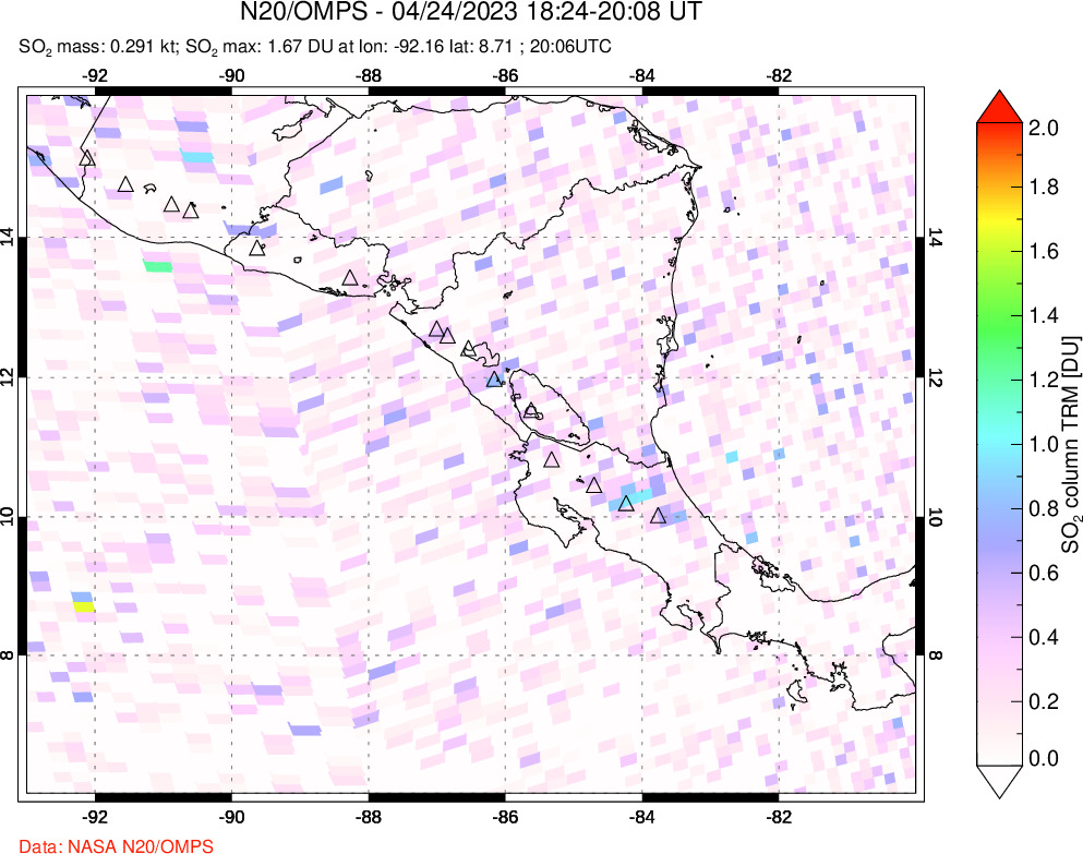 A sulfur dioxide image over Central America on Apr 24, 2023.