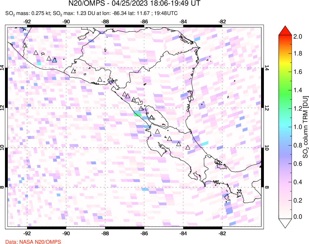 A sulfur dioxide image over Central America on Apr 25, 2023.