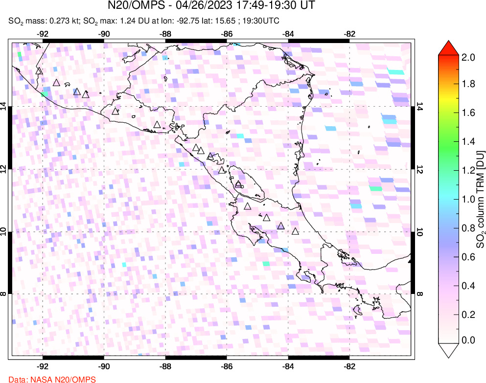 A sulfur dioxide image over Central America on Apr 26, 2023.