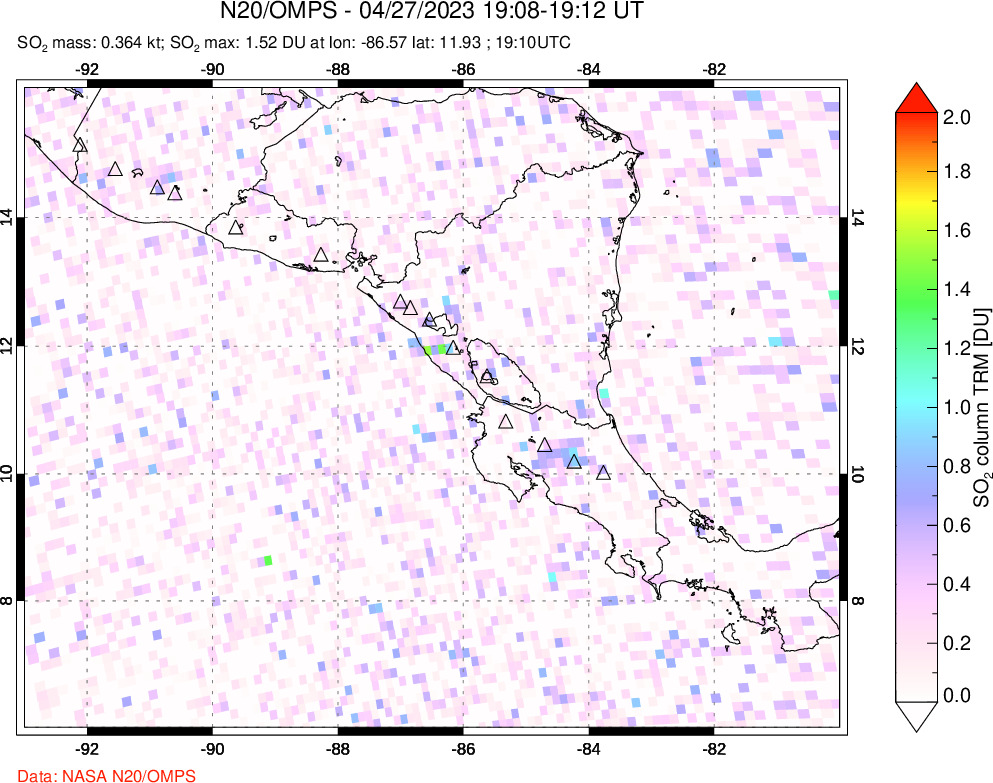 A sulfur dioxide image over Central America on Apr 27, 2023.