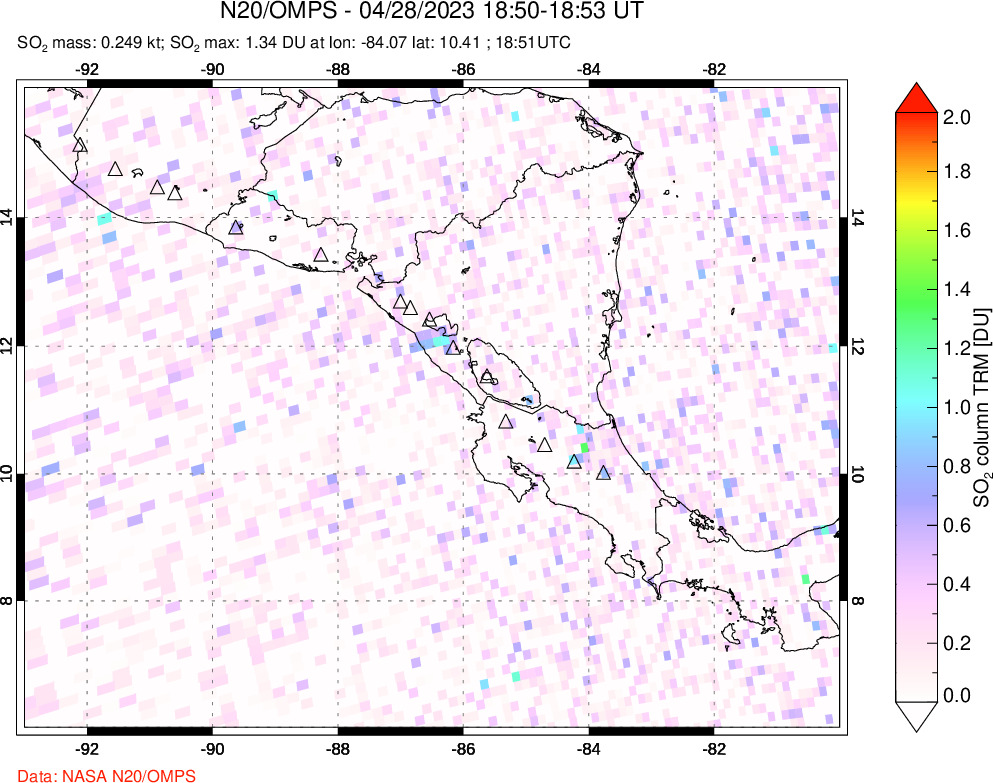 A sulfur dioxide image over Central America on Apr 28, 2023.