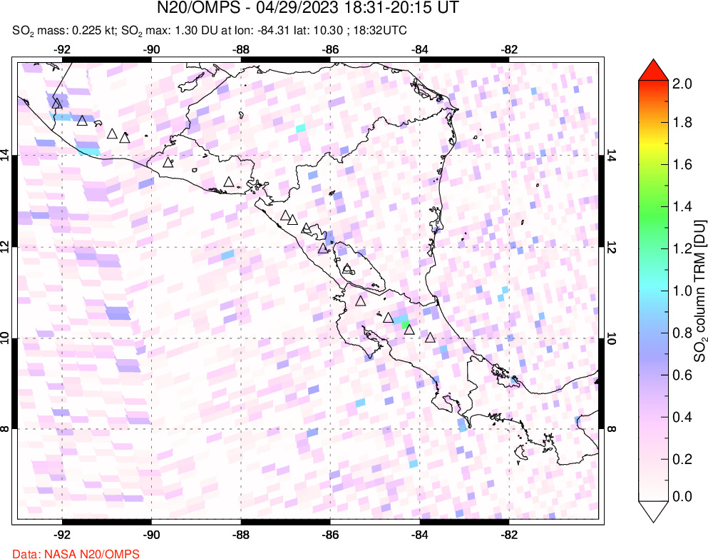 A sulfur dioxide image over Central America on Apr 29, 2023.